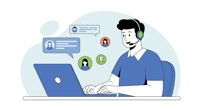 Customer service agent with headset working on laptop, communicating with clients online