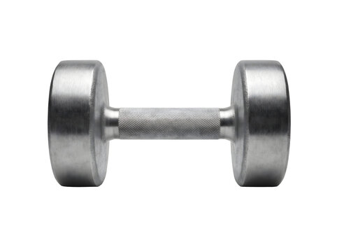 Metallic chrome dumbbell illustration, silver steel hand weight for fitness training, realistic gym equipment icon on white background