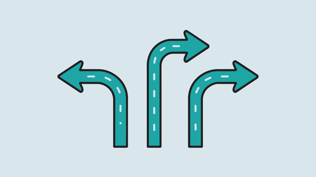 A stylized illustration of three green road signs pointing in different directions on a light blue background