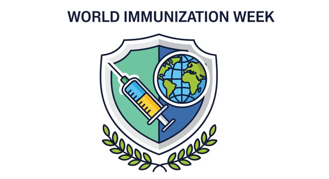 World immunization week emblem a shield with a syringe globe and laurel wreath