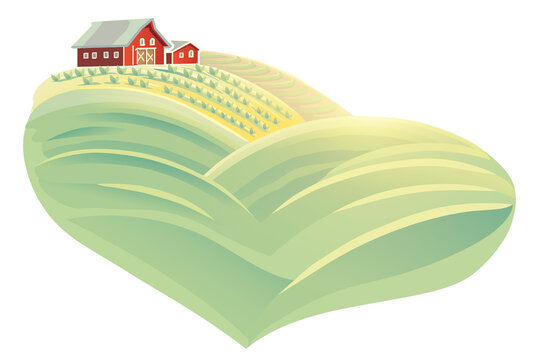 Stylized farm landscape in the shape of a heart, with fields, a farmhouse. Warm rural theme,  suitable for agriculture, eco, and countryside design. Raster illustration.
