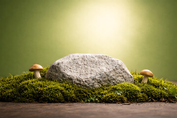 Obraz premium A mossy stone with small mushrooms in a sunlit forest