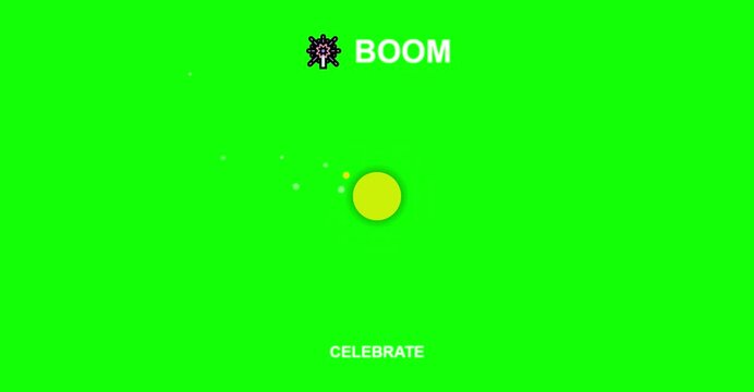 Colorful fireworks particles burst outward from glowing golden center over vivid green background, celebration Boom 