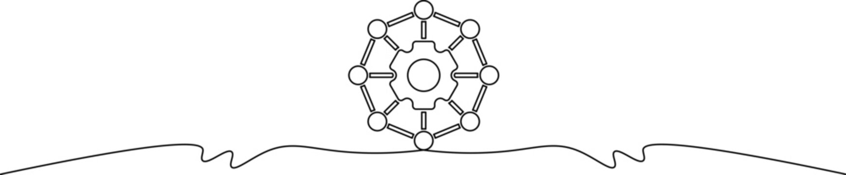 A minimalist line drawing of a molecular structure above a wavy landscape