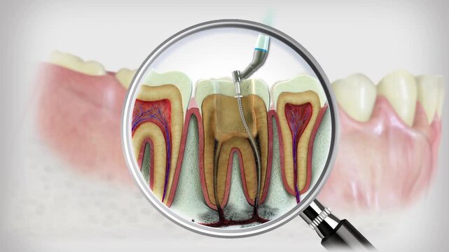 Endodontic root canal treatment. An advanced endodontic file is in action. It removes the infected enamel, dentin and some parts of the pulp tissue.