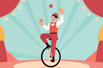 Circus performer juggling balls while balancing on unicycle under striped tent lights, vector illustration. © HardTeam