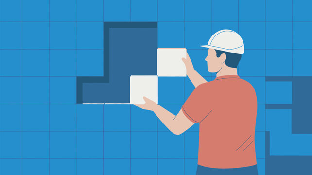 A construction worker in a hard hat installing tiles on a blue wall
