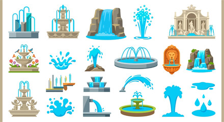 Colorful cartoon illustrations of diverse water fountains and cascading waterfalls © SHANTI