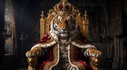 Fototapeta premium Majestic Tiger King Sitting on a Golden Throne in Royal Regalia