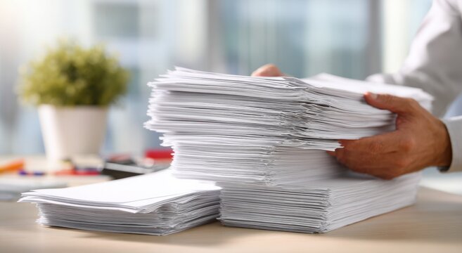 Person holding multiple stacks of papers in an office environment
