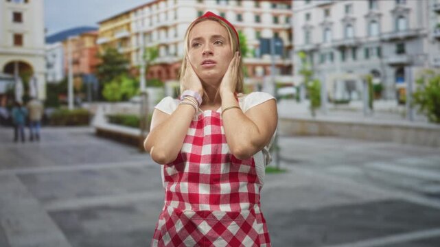 Woman chef in red gingham apron covers ears with hands on a busy street plaza amid building facades and pavement; anxiety.