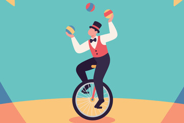 Circus performer juggling balls while riding unicycle under colorful geometric stage background, vector illustration. © HardTeam