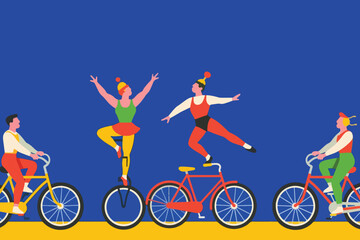 Four circus performers riding bicycles and unicycle in colorful costumes on bright stage background, vector illustration. © HardTeam
