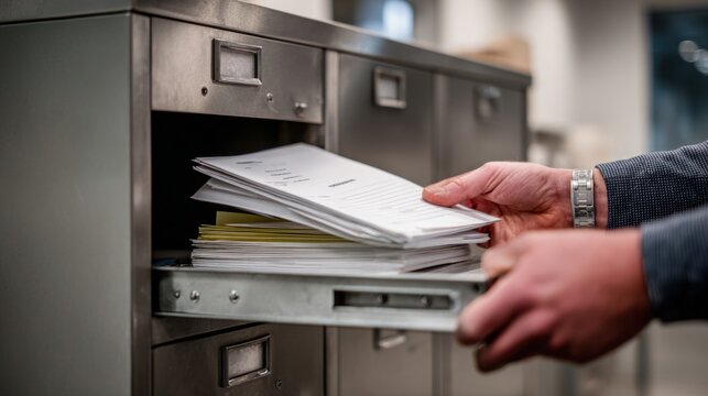 Person placing documents into a steel mailbox with multiple slots for mail collection