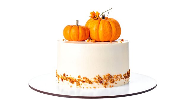 A round, white frosted cake adorned with two miniature orange pumpkins on top. The cake sits on a white platter