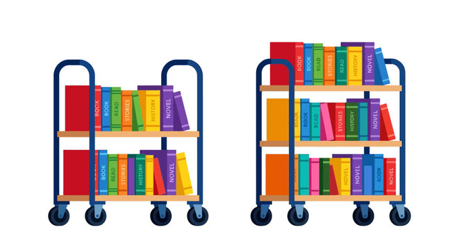 Two blue rolling library book carts filled with colorful books