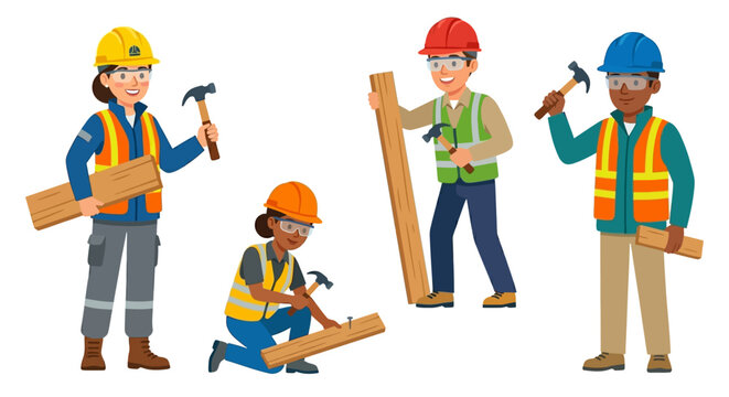 Diverse construction workers collaborating on a woodworking project with lumber
