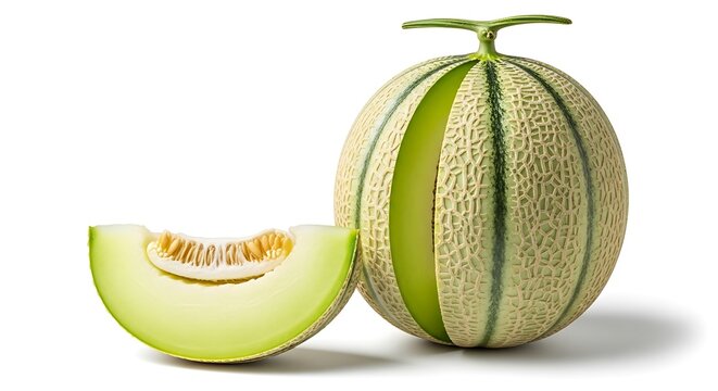 Whole and sliced cantaloupe melons on white background