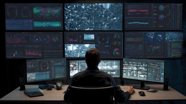 It professional monitoring multiple computer screens with data visualizations and cybersecurity alerts in a high-tech office environment