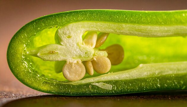 Fresh green padron pepper cross-section showing seeds and ribs on wooden surface