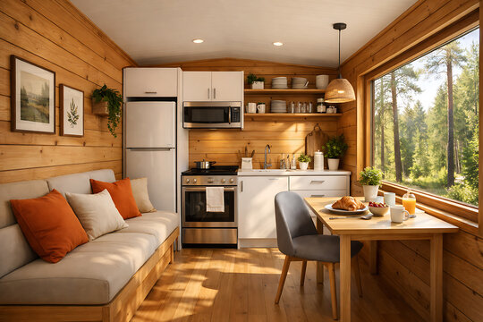 Cozy cabin interior features a kitchen and comfortable living space