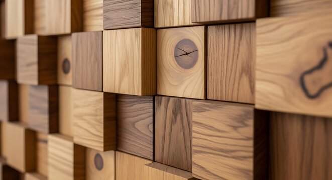 Wooden Cube Wall with Clock Face Centerpiece and Warm Grain