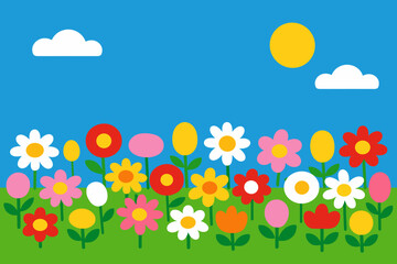 Naklejka premium Colorful Flat Design Flower Meadow with Sun and Clouds, Cheerful Cartoon Vector Illustration