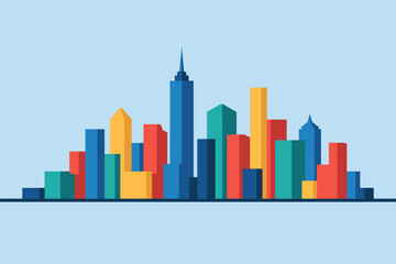 Obraz premium Colorful Flat Cityscape Illustration – Modern Urban Skyline with Vibrant Buildings Vector Art