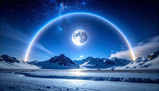 majestic moonbow over snowy mountain landscape with full moon at night