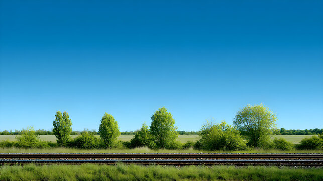 Train Tracks Leading Into Nature with Vibrant Green Fields