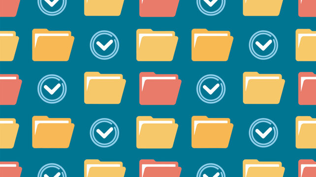 A colorful pattern of file folders and checkmarks on a blue background, representing organization and productivity