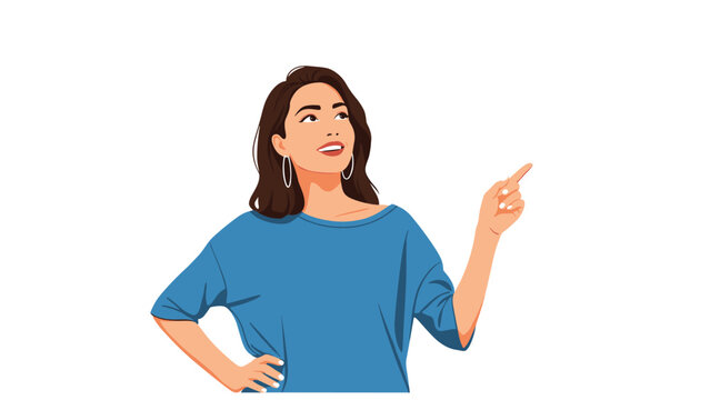 Beautiful young woman in a blue shirt with hoop earrings pointing her finger upwards while looking away with a cheerful smile.