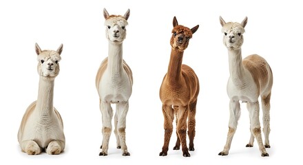 Fototapeta premium Four Llamas Standing Calmly in Row Against White Background