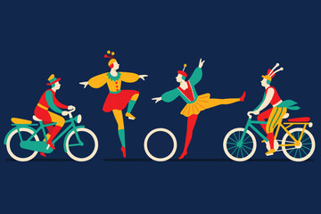 Four colorful circus performers riding bicycles and doing acrobatics on stage with whimsical costumes, vector illustration. © HardTeam