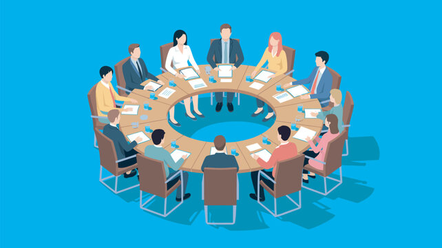 A group of business professionals sitting around a large circular table in a meeting