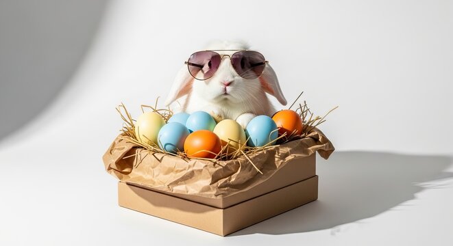White Easter Bunny Wearing Sunglasses in Cardboard Box with Colorful Painted Eggs on White Background