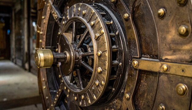 Close-up of vintage art deco bank vault wheel lock mechanism with brass details