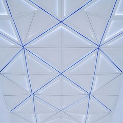 Fototapeta premium Abstract white ceiling with luminous triangles and blue lines.
