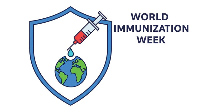World immunization week graphic featuring a syringe globe and shield