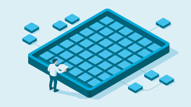 A man in a white shirt standing next to a large grid of blue squares with smaller squares connected to it