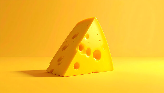 A vibrant yellow wedge of Swiss cheese sits prominently against a matching yellow background, creating a striking and minimalist composition.