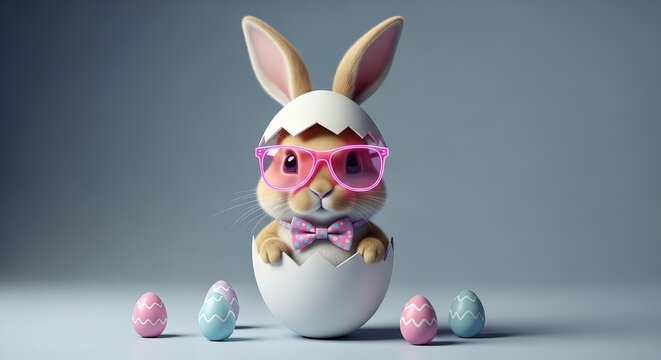 Cute Easter Bunny with Pink Glasses and Polka Dot Bow Tie Hatching from Eggshell on Blue Background
