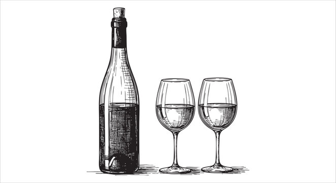 Hand drawn ink sketch of a wine bottle and two glasses isolated on white background