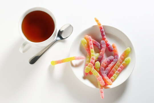Cup of tea and gummy worms