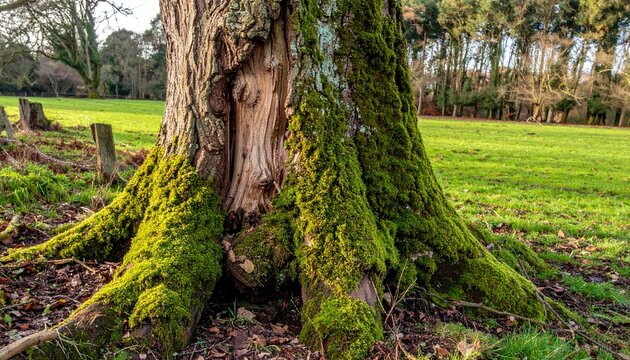 Ancient moss-covered beech tree in lush green park during spring sunlight