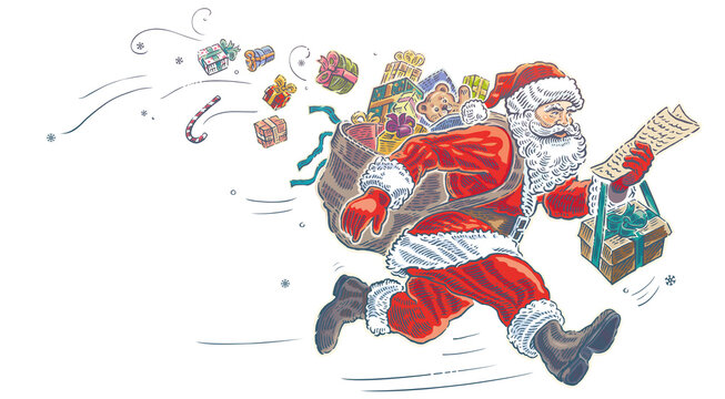 Worried Santa, carrying a bag of gifts and a list of recipients, runs forward, hurrying to deliver the presents. Raster illustration.