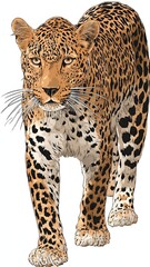 Naklejka premium A detailed illustration of a leopard walking forward with its distinctive spotted coat and alert expression.