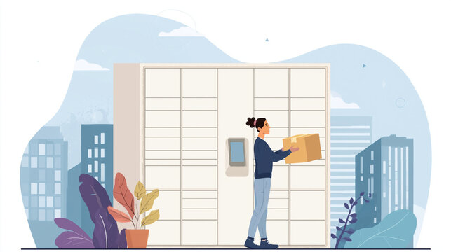 Urban Shipping Transformation: Illustration of Modern Package Delivery Locker in a Cityscape Setting