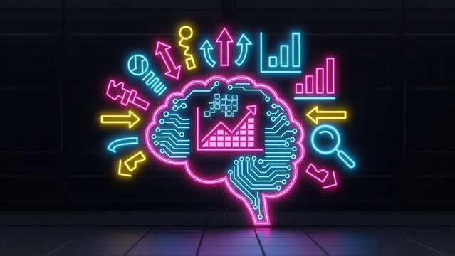 Illuminated digital brain concept with data analytics and cognitive computing neon light display