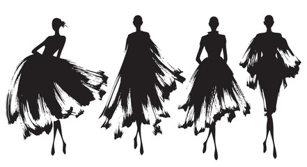 Set of fashion silhouettes of women in stylish dresses, hand drawn vector illustration. Elegant models in motion, artistic ink sketch style isolated on white background. © Zbrake Studio